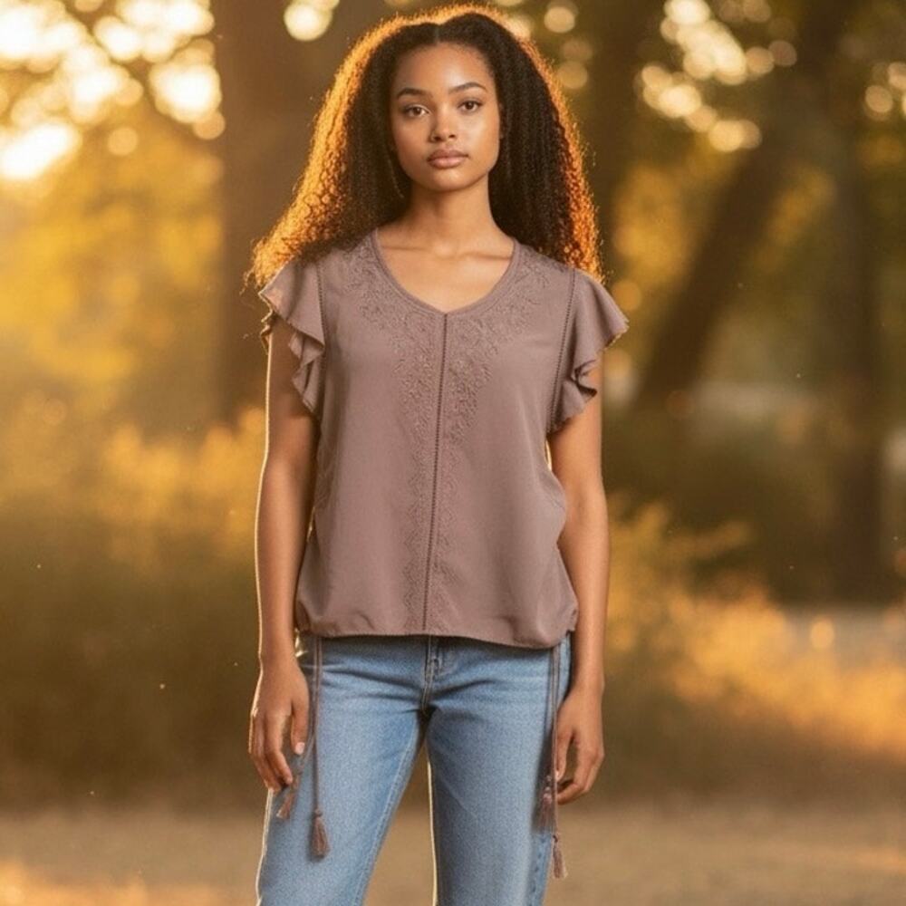 Fourteenth Place Mauve Boho Flutter Sleeve Blouse with  Ruched Side Tie sz L